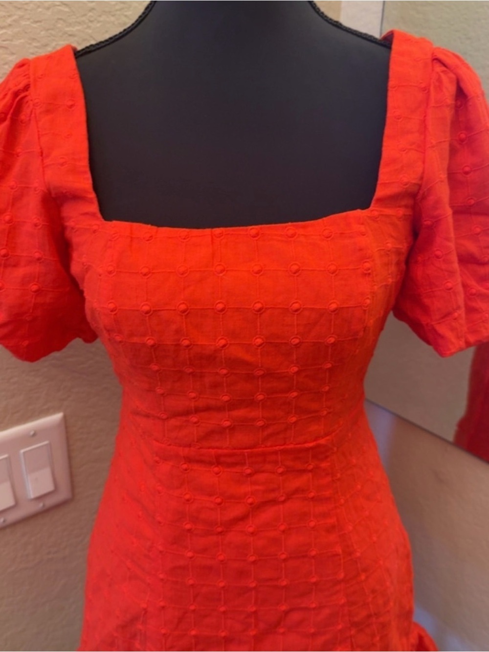 Square Neck Red Orange Puff Sleeve Mini Dress - Picture 9 of 16